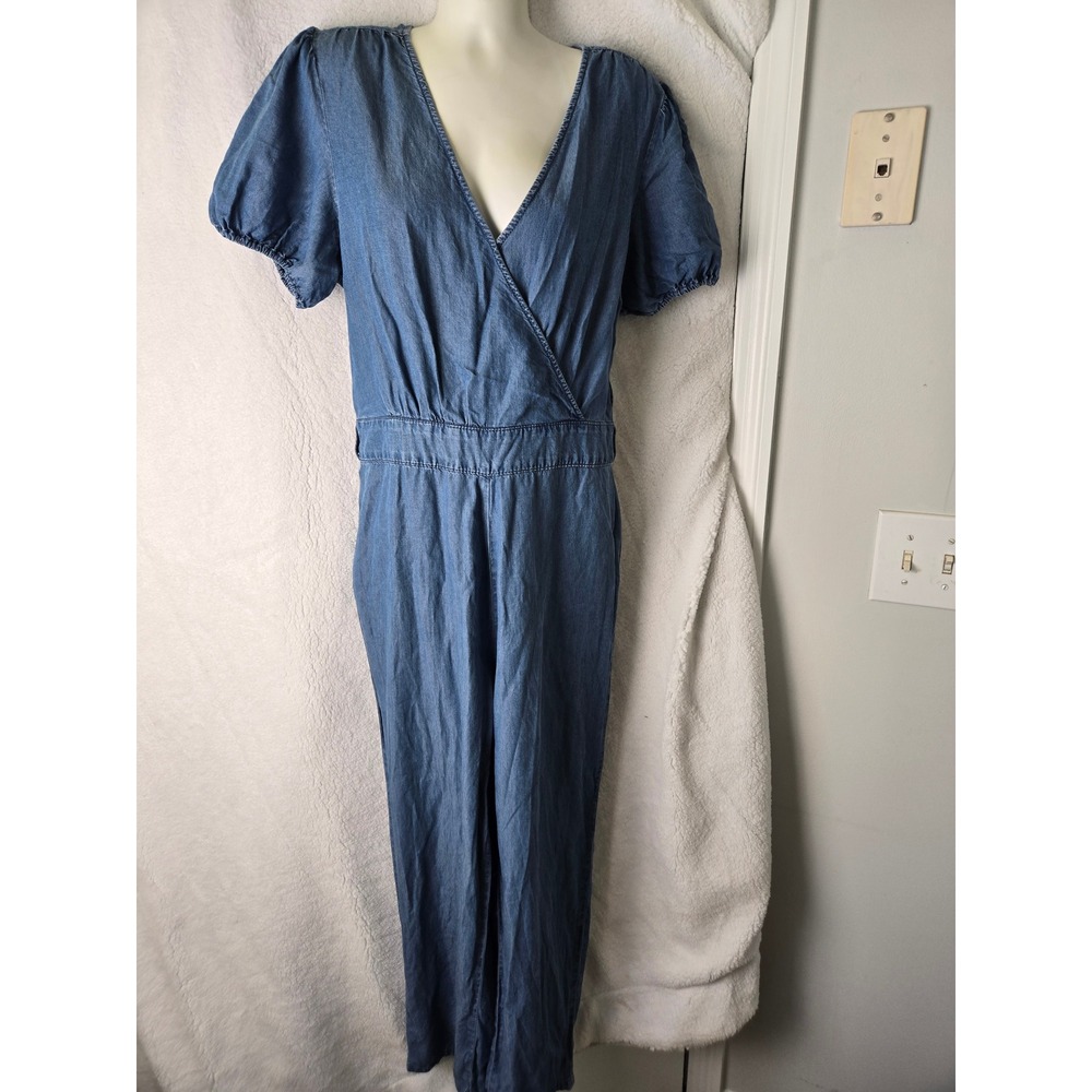 Chelsea and Violet Blue Denim Short Puff Sleeve Wide‎ Leg Jumpsuit Romper Size L